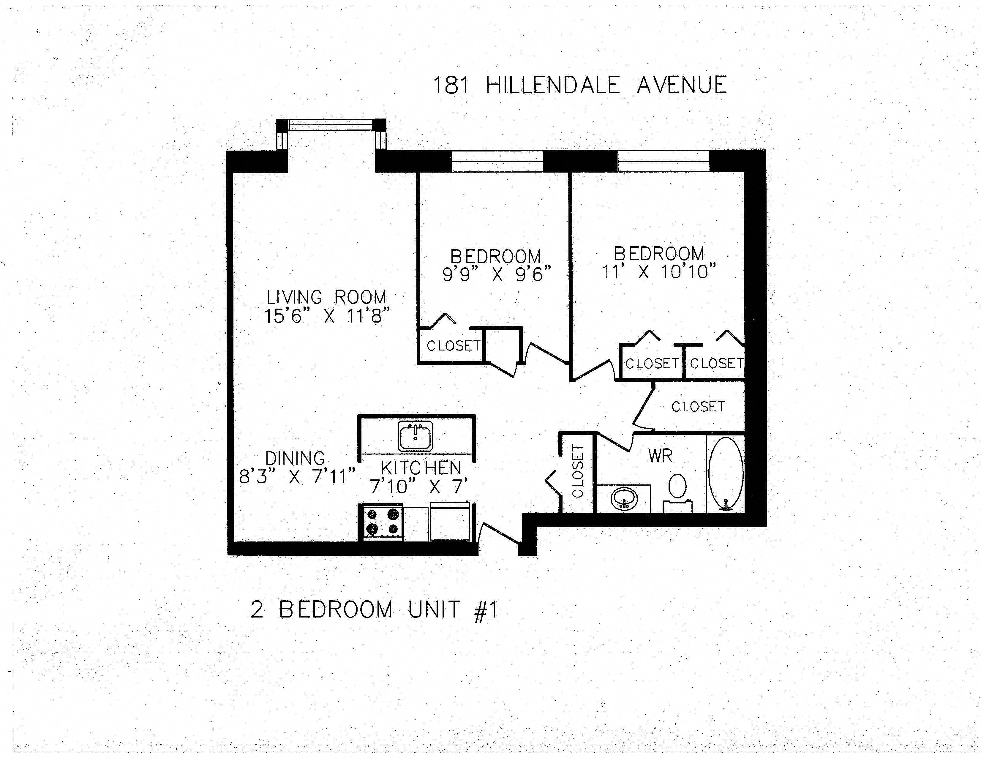 Floor plan for 2 beds, 1 bath, 640 sqft